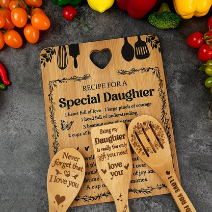 Engraved Bamboo Cutting Board Gift Set for Daughter, Recipe for a Special Daughter Kitchen Utensil Set