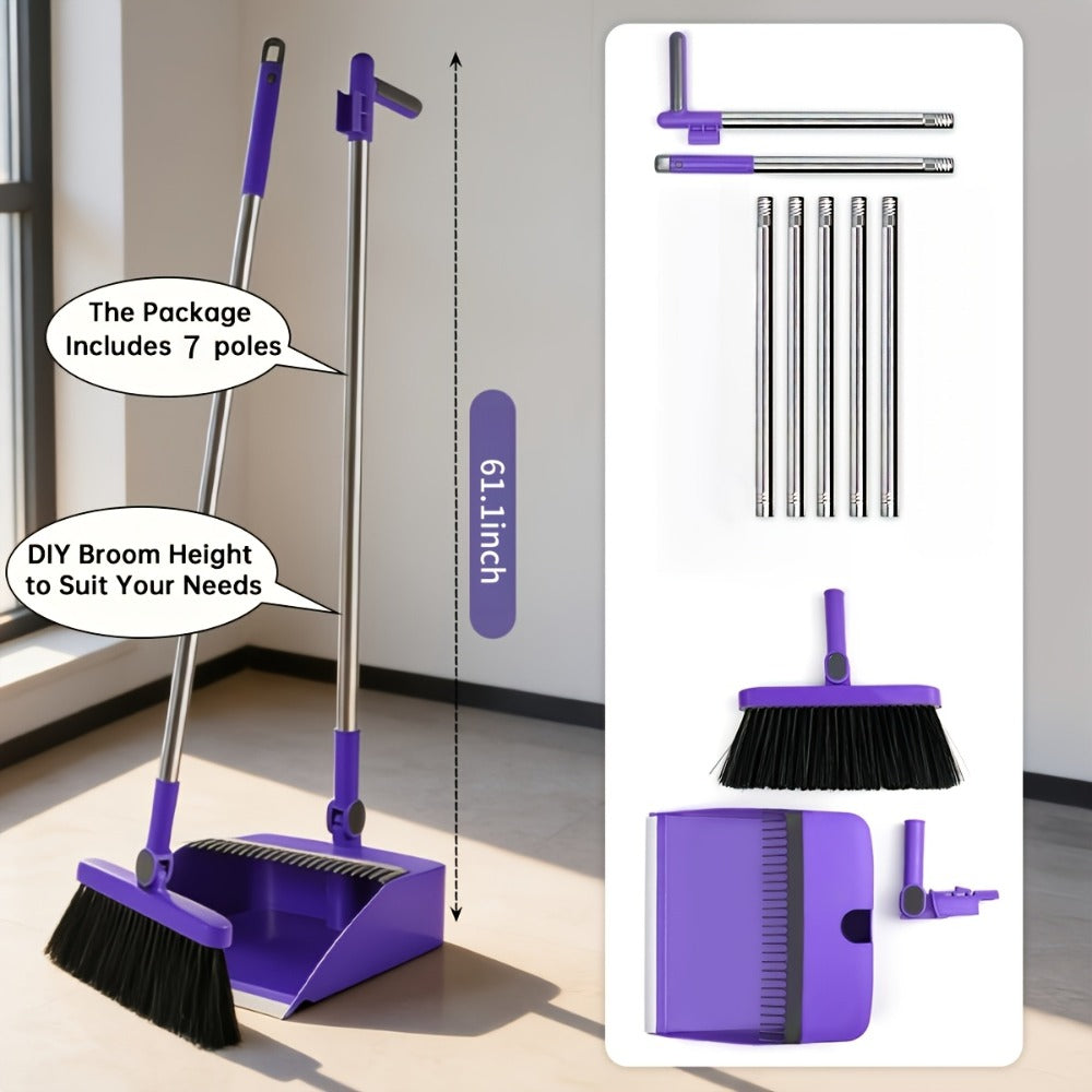 Long-Handle Broom and Dustpan Cleaning Set with Comb Teeth in Blue, Orange, White, Purple or Green