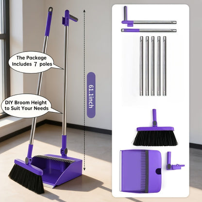 Long-Handle Broom and Dustpan Cleaning Set with Comb Teeth in Blue, Orange, White, Purple or Green