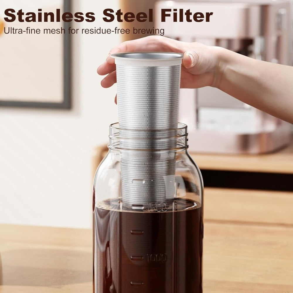 Cold Brew Coffee Pot Set with Stainless Steel Filters & Cleaning Brush – 32oz Glass Mason Jar Cold Brew Maker for Home