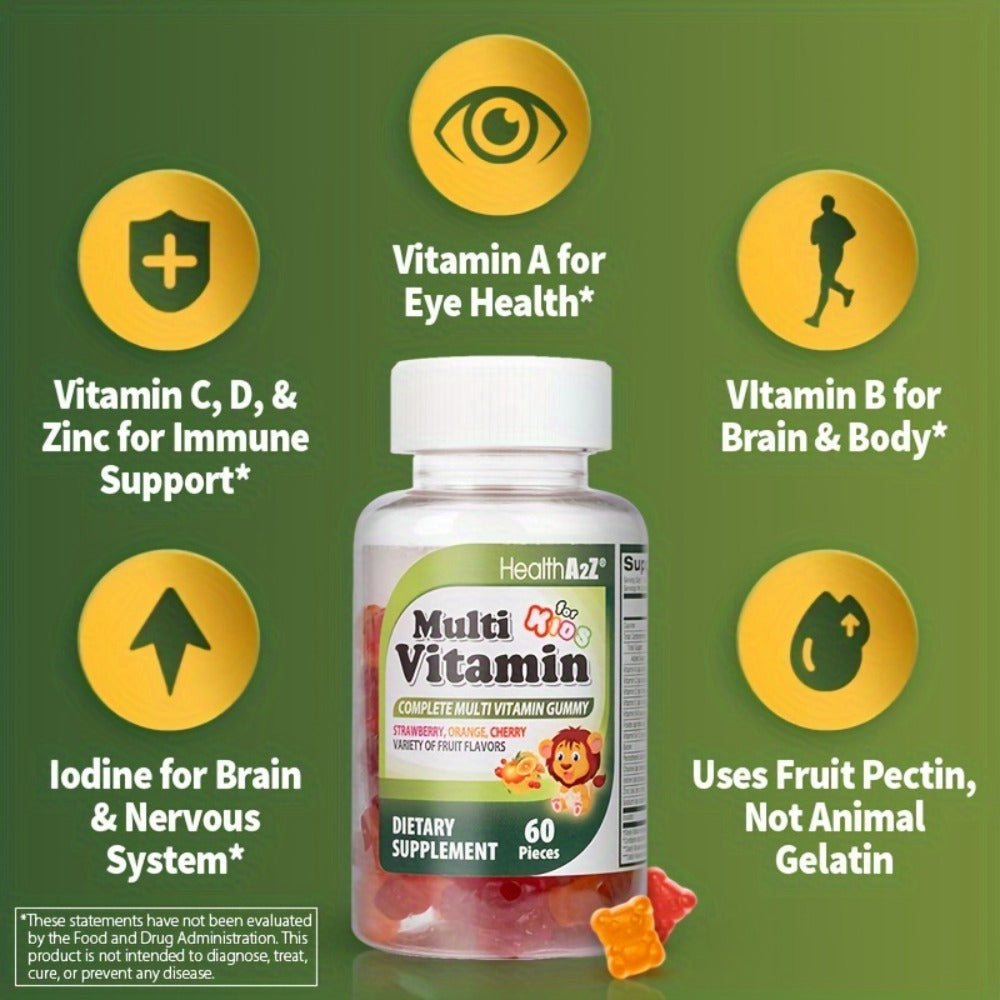 Kids Multivitamin Gummies 60ct with D3, Vitamins A, C, E, B6, B12, Folic Acid, Zinc & Choline for Brain