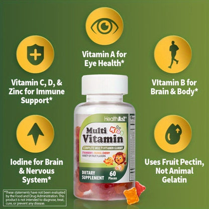 Kids Multivitamin Gummies 60ct with D3, Vitamins A, C, E, B6, B12, Folic Acid, Zinc & Choline for Brain