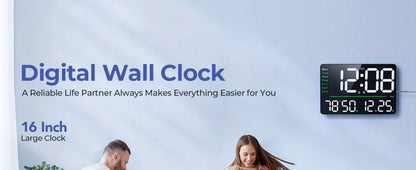 16-Inch Digital Wall Clock with LED Display, Remote, Dimmer Modes, Calendar and Indoor Temperature Readout