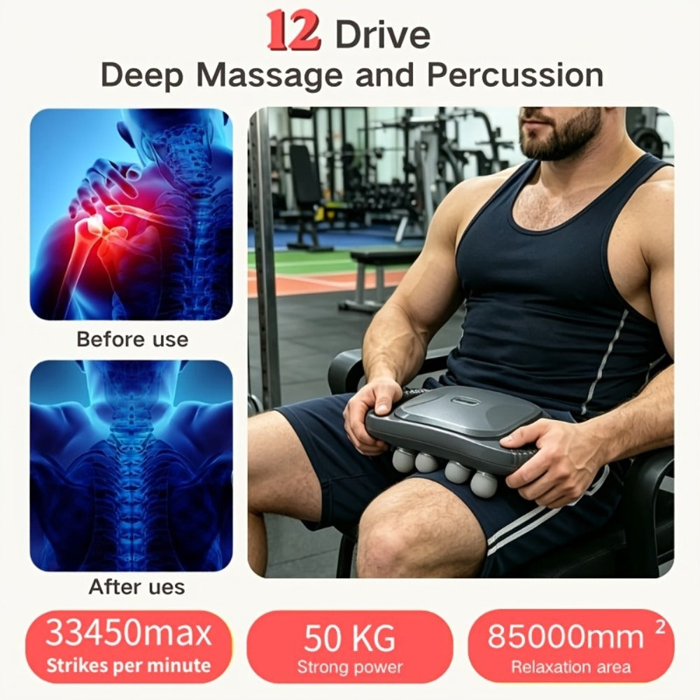 Massage Gun 12 Heads Deep Tissue Percussion Massager Set for Back Neck Shoulders Legs Foot Pain Quiet Handheld Electric Body Massager