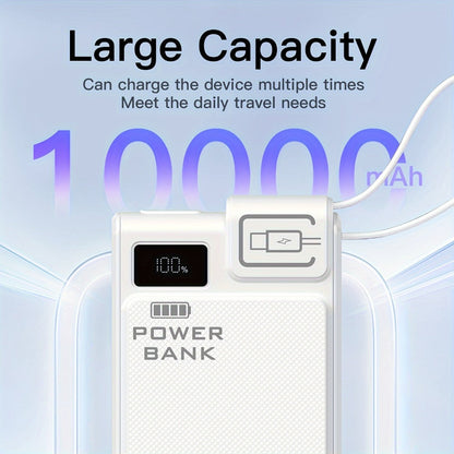 10000mAh Power Bank with 22.5W Label, Built-In USB-A and USB-C Cables, Three Outputs and Display