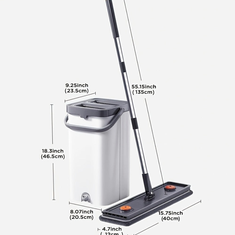 Flat Floor Mop and Bucket Set with Self-Cleaning System – Manual Squeeze Mop for Home, Office, Living Room, Bathroom & Kitchen – ABS