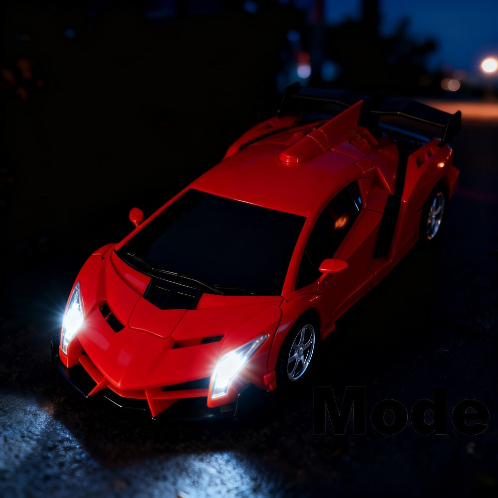 Remote Control Car, 1:18 Transforming Robot Model with One-Button Change, LED Lights, 360° Drift and Four Colors