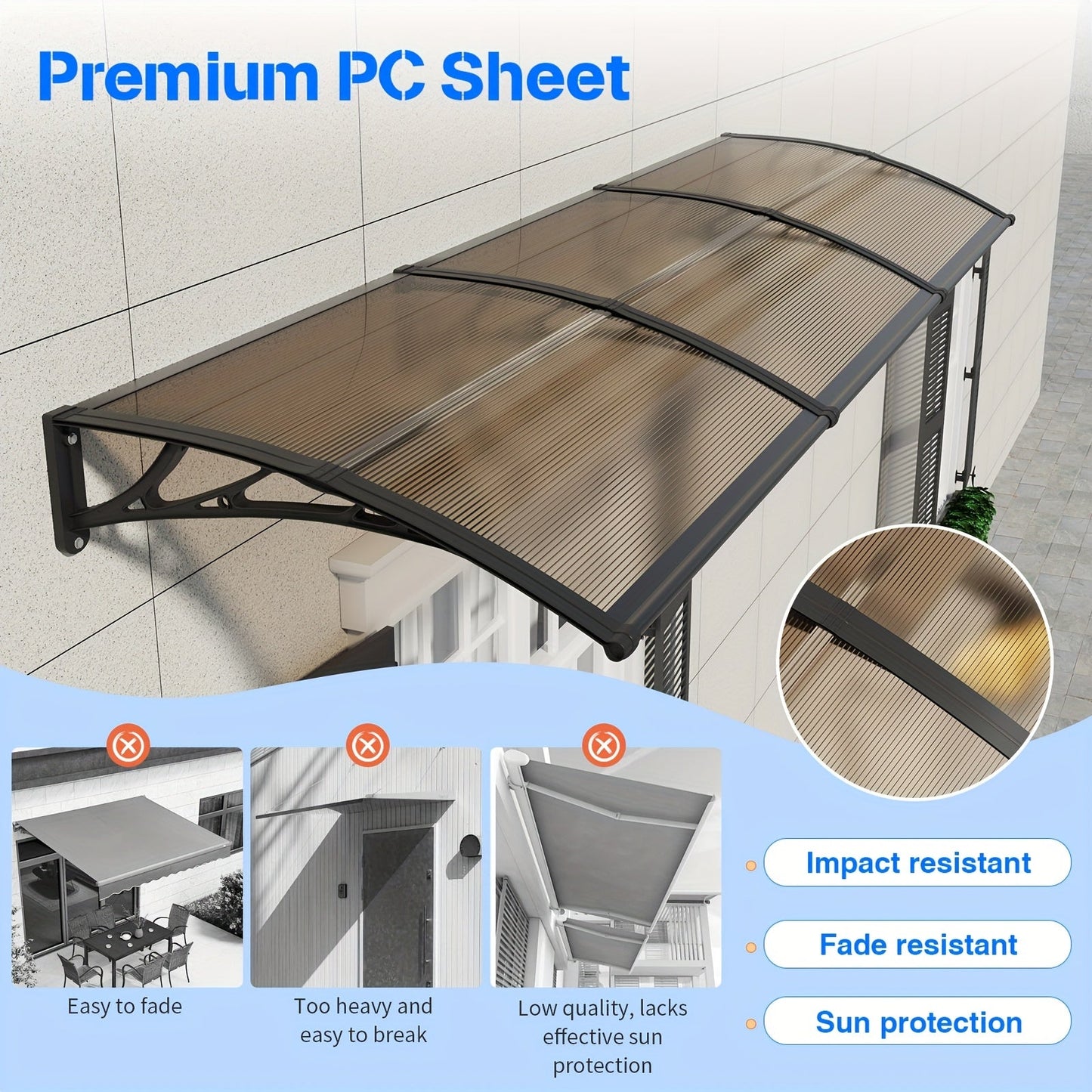Door Awning Polycarbonate Window Canopy UPF50+ UV Rain Protection for Garden, Patio and Yard Use