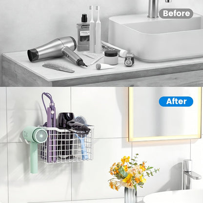 Hanging Hair Tool Organizer with Adjustable Mounting Height, Wire Basket and Black or White Finish