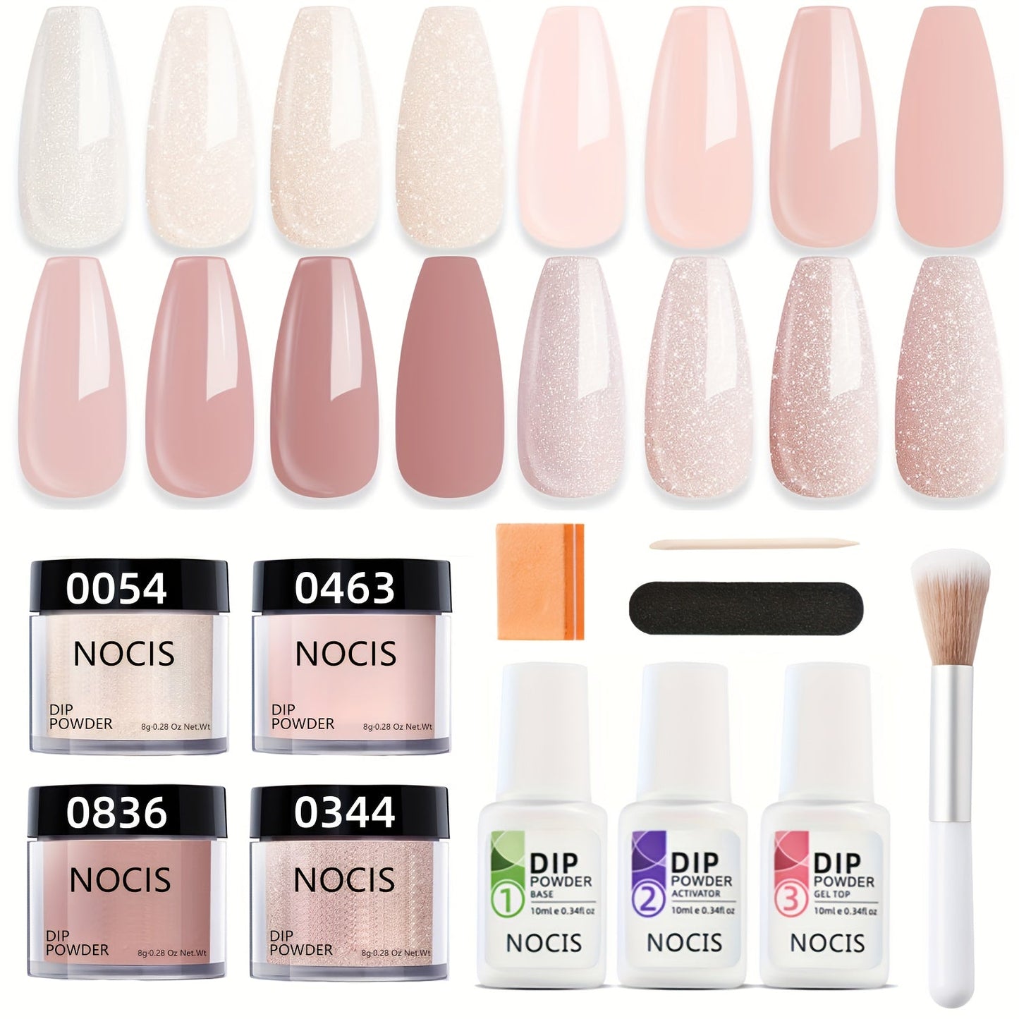 Dip Powder Nail Kit with NOCIS Label, Four Nude Blush Shimmer Powders, Three 10ml Liquids and Four Tools