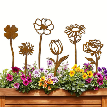 Rustic Flat Metal Flower Garden Stakes, Six-Piece Rose, Daisy and Botanical Set for Pots and Borders