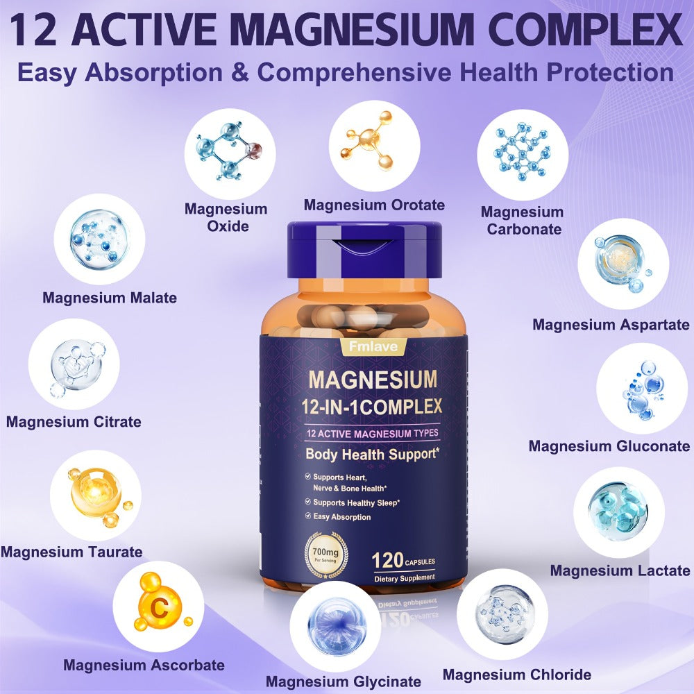 Magnesium Glycinate 700mg 12-in-1 Complex Capsules with Citrate Malate Taurate Carbonate & Oxide