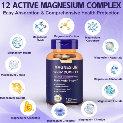 Magnesium Glycinate 700mg 12-in-1 Complex Capsules with Citrate Malate Taurate Carbonate & Oxide