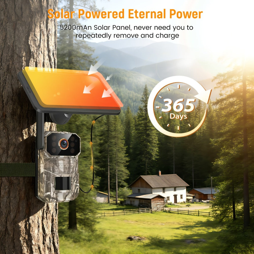 4G LTE Cellular Trail Camera with Solar Panel, 4K Wildlife Monitoring Camera, PIR Motion Sensor, Infrared Night Vision