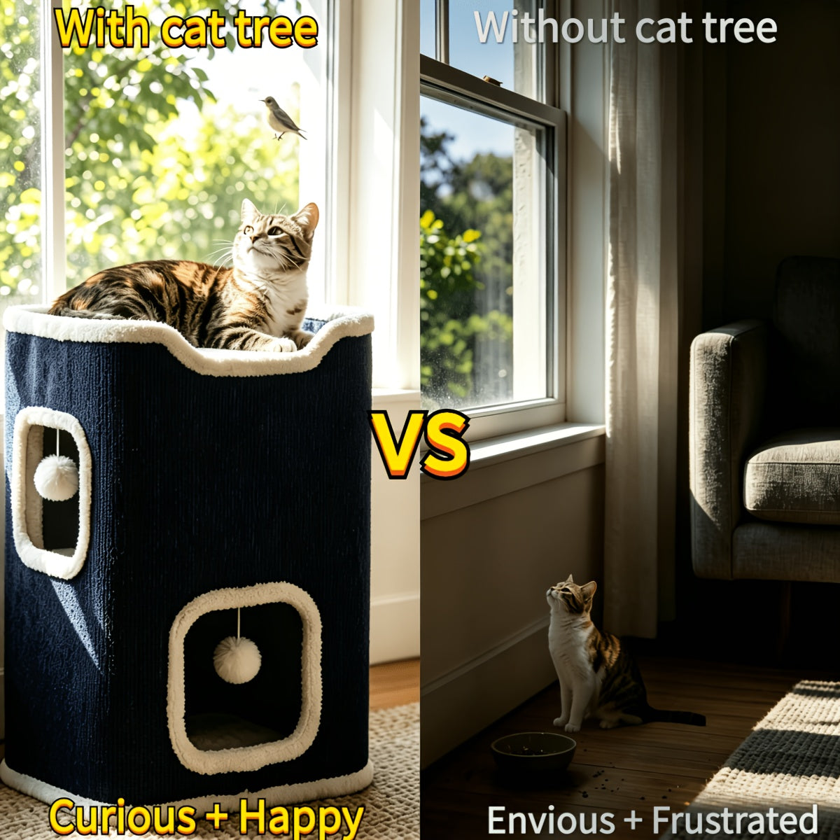 Cat Tree Tower Multi-Level Foldable Cat Condo for Indoor Cats – Scratch-Resistant Carpet, Hanging Bell Ball, Cozy Top Bed