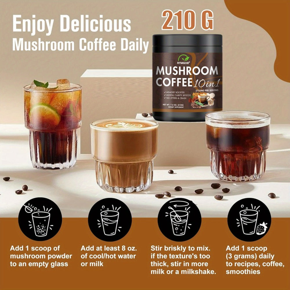 Mushroom Coffee Blend Powder 210g, Instant Coffee with Lion's Mane, Reishi, Cordyceps, Chaga & Chanterelle