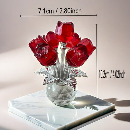 Glass Rose Sculpture Floral Home Decor – Sparkling Leaves Art Figurine for Bedroom, Living Room, Valentine's Day Gift