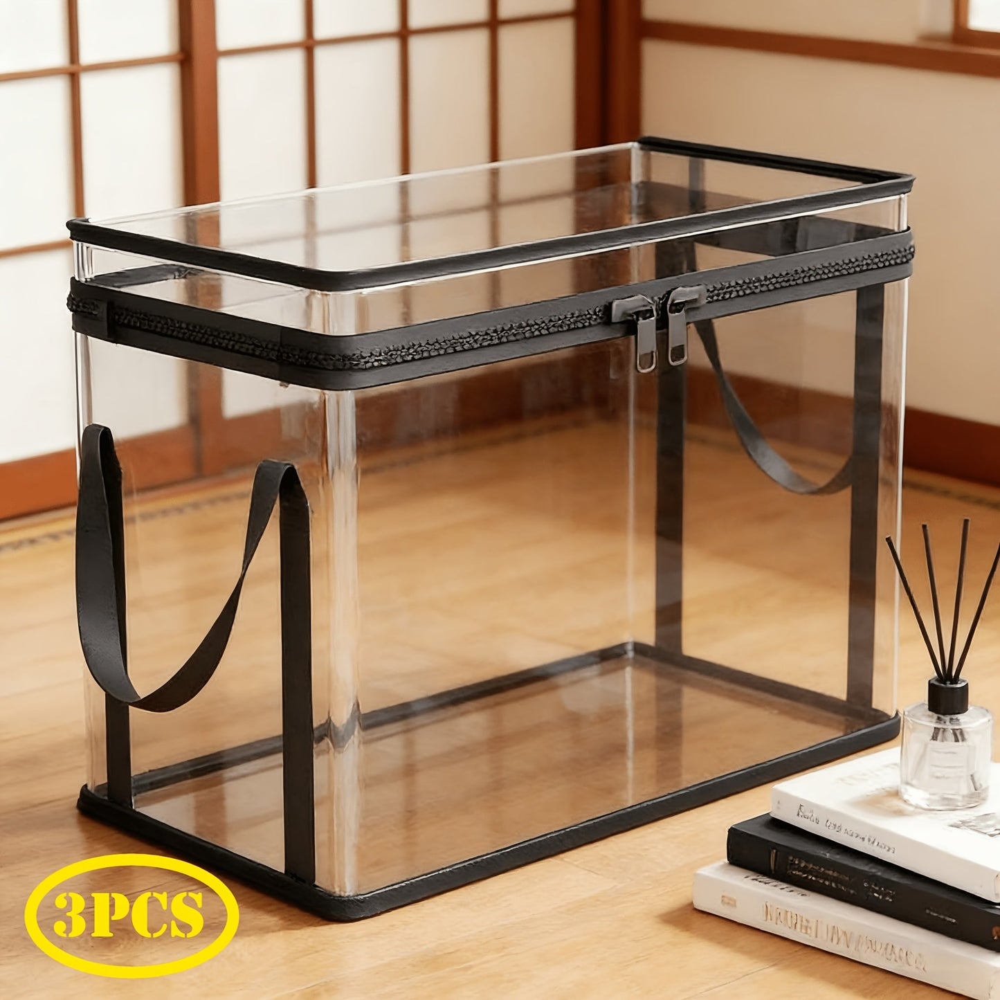 Clear-Sided Zipper Storage Bags with Black Webbing Handles and Double-Zipper Tops in Three- or Four-Piece Sets