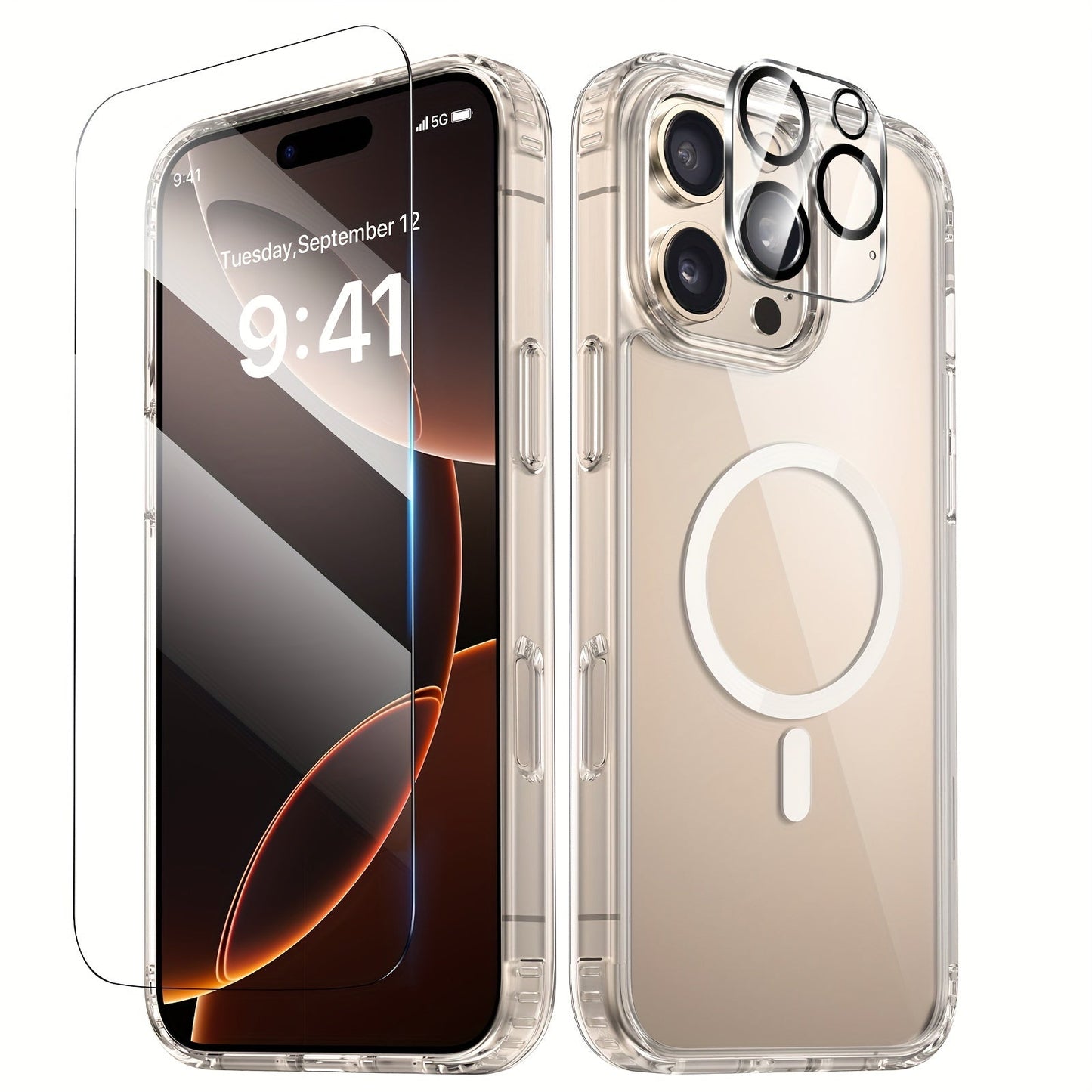 Phone Case Clear TPU and PC Three-Piece Bundle with Screen and Camera Lens Protectors for Select iPhone Models