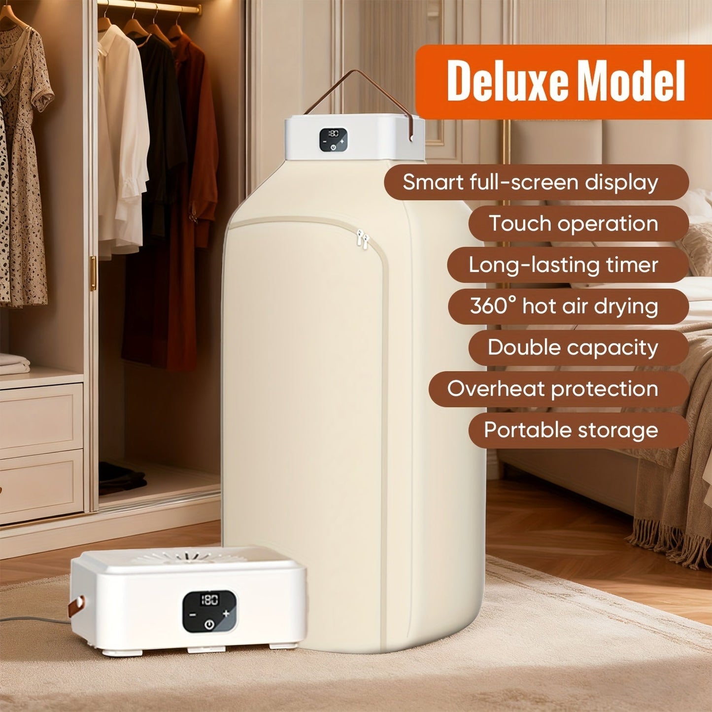 Foldable Clothes Dryer Smart Touch Screen Two-Speed Control Timer Function with Dry Bag Quick Drying Compact Design for Apartments Dorms RVs