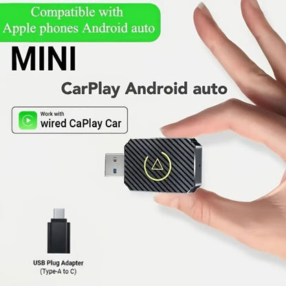 Mini Wired-to-Wireless CarPlay Adapter with USB-A Plug and USB-C Adapter in USB Set Pictured