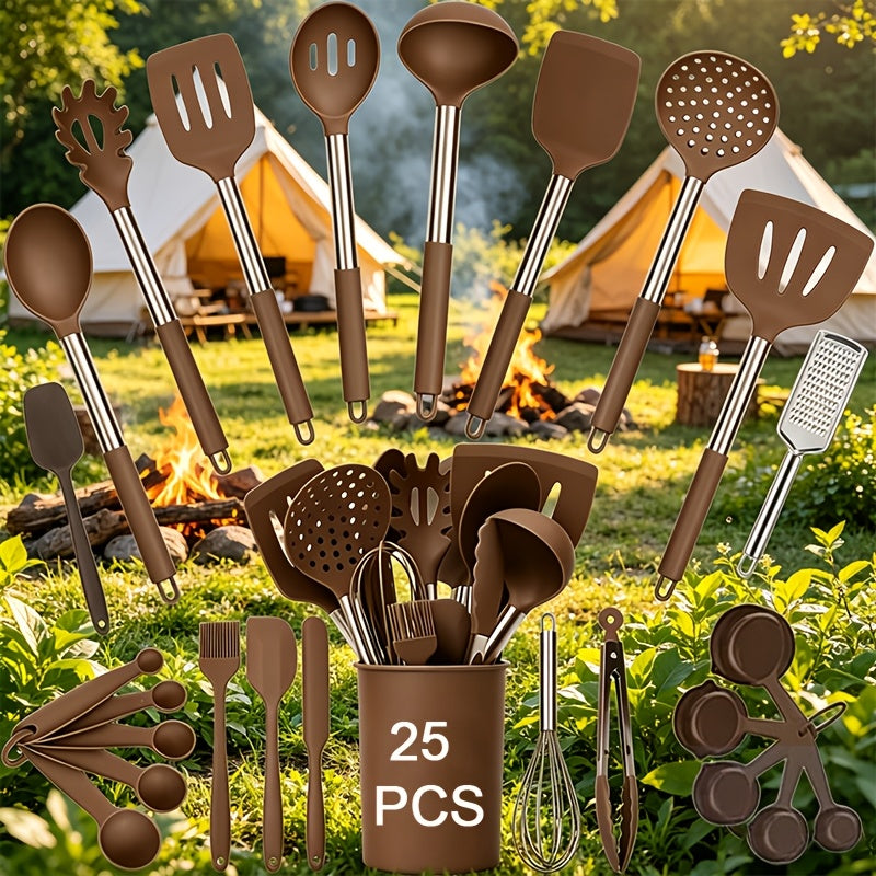 Silicone Kitchen Utensil Set with 25 Tools and Accessories, Holder and Grey, Black or Coffee Colors