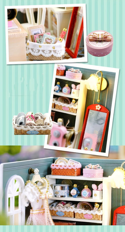 DIY Miniature Shop Dollhouse Kit with Dust Cover, Wooden Mini Store Assembly Set, 4 Themes Sakura Noodles Candy Atelier Coffee
