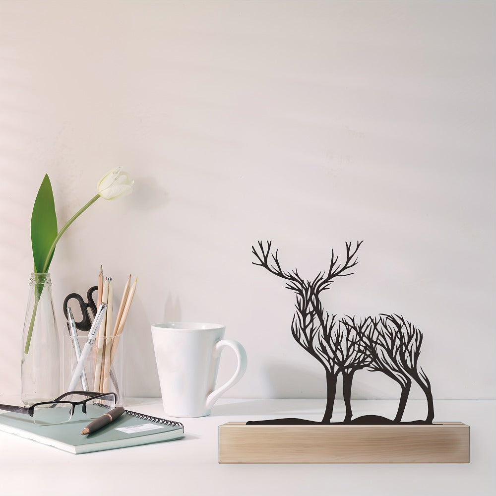 Deer Branch Silhouette Tabletop Decor with Black Iron-Metal Figures, Wood-Look Base and 5.9 x 5.9-Inch Size