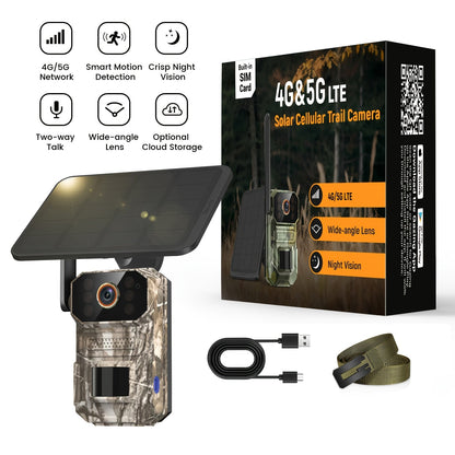 Solar Cellular Trail Camera 1920P No WiFi, 4G LTE Wildlife & Property Monitoring, PIR Motion Sensor