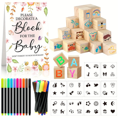 Wooden Block Stacking Game Party Kit 51pcs 30pcs – Baby Shower Tumbling Tower Decoration Sign Set Classic Flower Greenery Fox Bear Style No