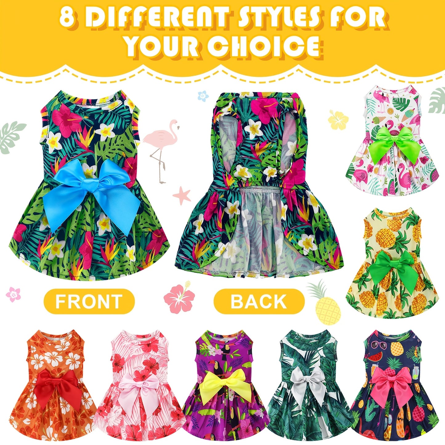 8pcs Summer Themed Hawaii Dog Dresses Holiday Flamingo Fruit Floral Pattern Pet Skirts Hawaii Puppy Princess Dresses Outfits Bowknot