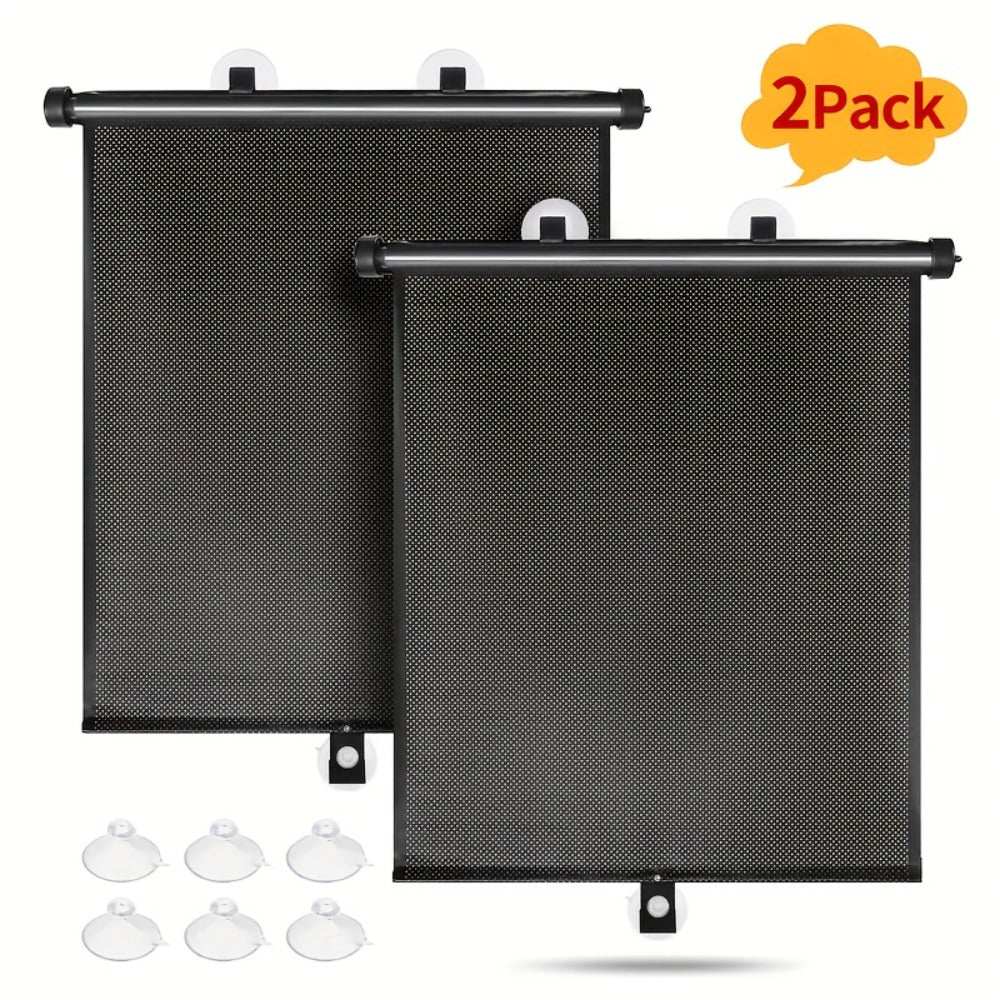 Car Window Curtains 2pcs Retractable PVC Side Window Shades One-Click Storage UV Block Anti-Glare Heat Shield Easy Install Suction Cup Hook