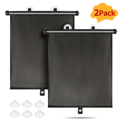 Car Window Curtains 2pcs Retractable PVC Side Window Shades One-Click Storage UV Block Anti-Glare Heat Shield Easy Install Suction Cup Hook