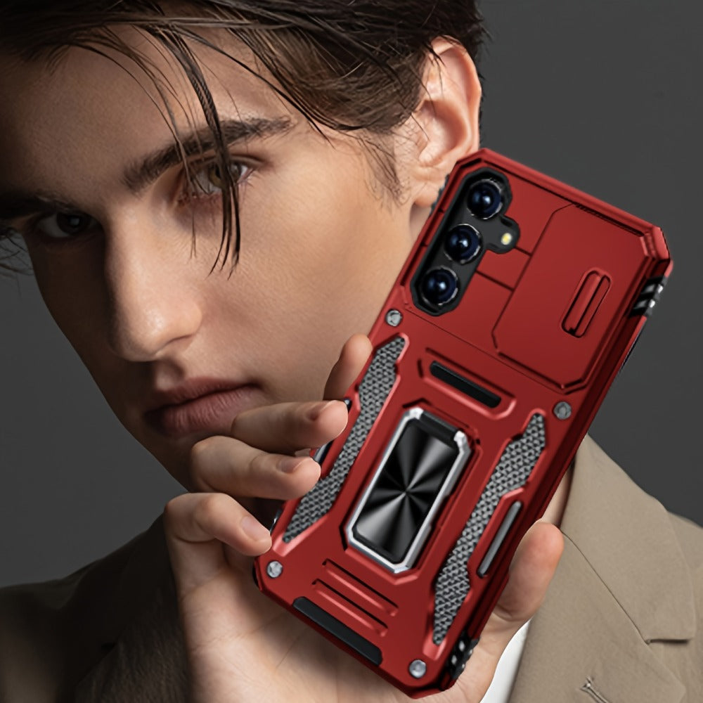 Samsung Galaxy Shockproof Magnetic Phone Case with 360° Rotating Ring Bracket & Sliding Lens Protector – Heavy Duty Cover for S24FE S23FE