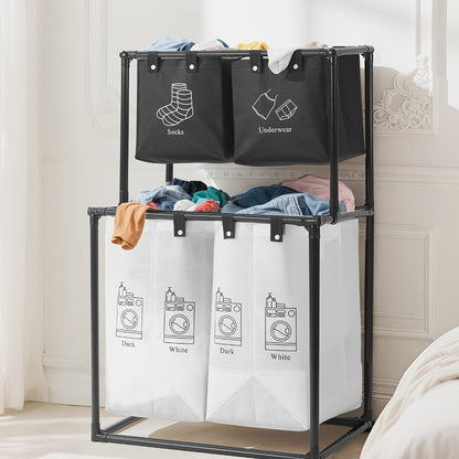 Laundry Sorter 2 Compartment Hamper – 2-Tier Metal Frame Laundry Hamper with Handles, Breathable Mesh Bags & Cable Ties