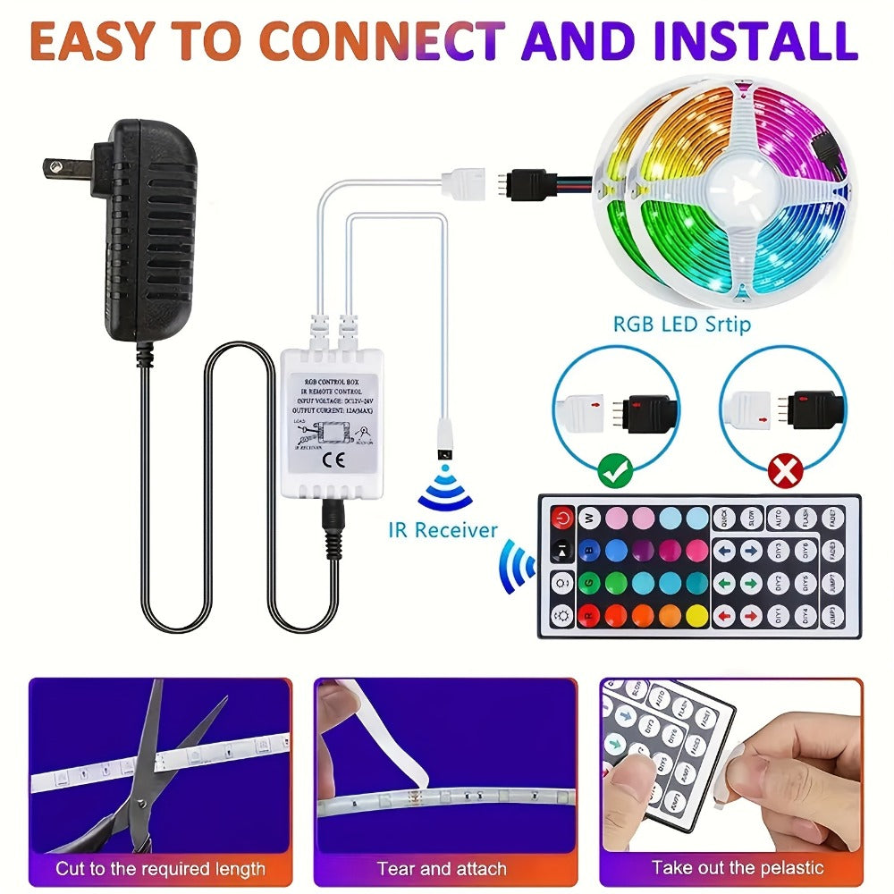 LED Strip Light RGB 100ft Two-Roll Kit with 44-Key Remote, Included Power Supply and Adhesive Backing