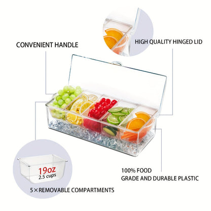 Bar Serving Tray on Ice with 5 Compartments & Lid, Garnish Condiment Platter with 5 Forks & 3 Pliers