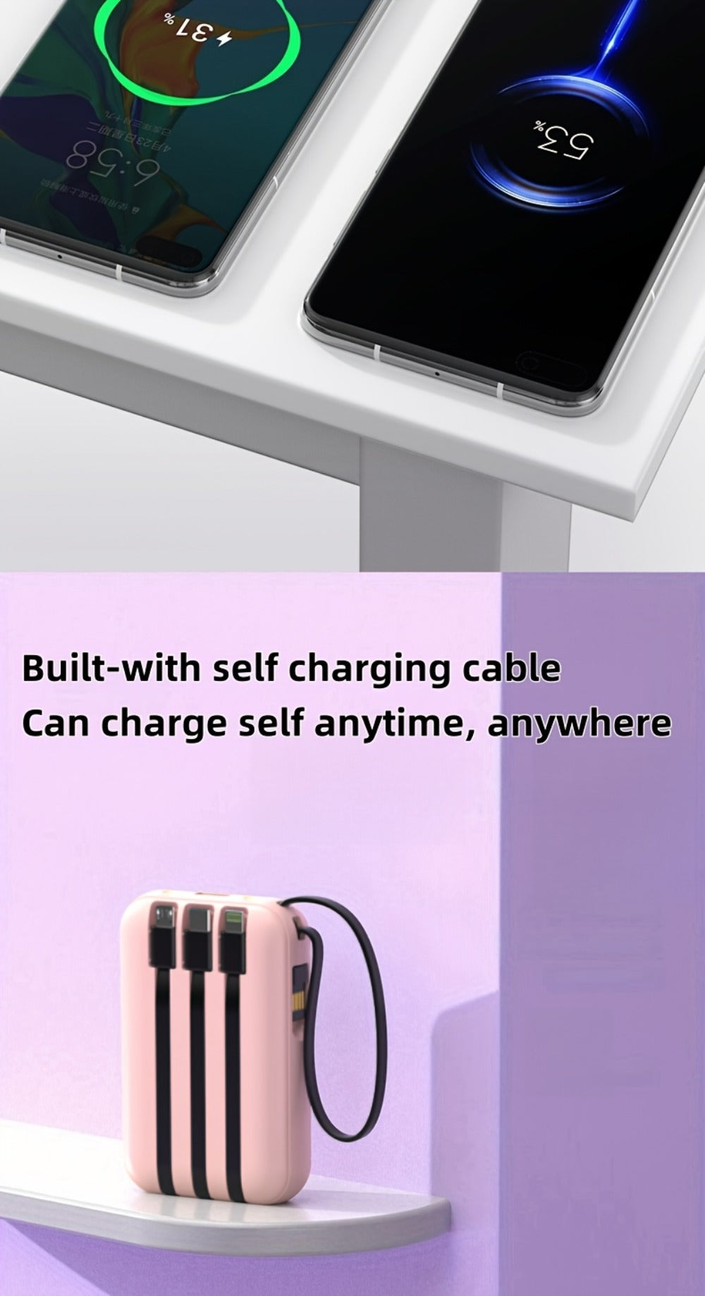 Power Bank 10000mAh Mini with Built-In Cable Set, 5W/15W/22.5W Variants, LED Light and Digital Display