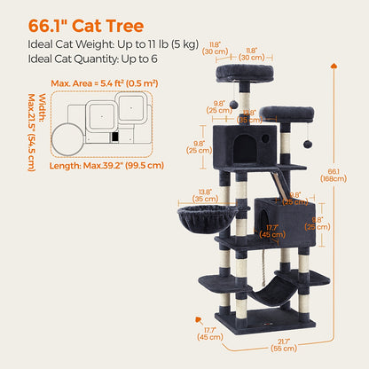 Cat Tree Tower Multi-Level Condo – 44in & 66in with Cozy Cave, Plush Hammock, 4 Sisal Scratching Posts & 2 Perches | Anti-Tilt Stable Cat