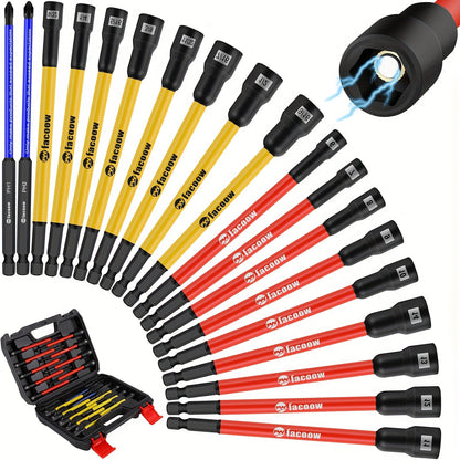Magnetic Nut Driver Set 19PCS – SAE & Metric | 1/4" Hex Shank 6" Long | PH1 & PH2 for Impact Drills | Magnetic Socket Set with Sturdy Tool