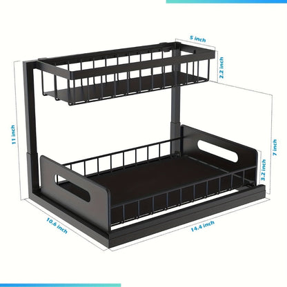 L-Shaped Pull-Out Cabinet Organizer with 14.4 x 10.6 x 11 Inch Frame, 7 Inch Pipe Clearance and 1- or 2-Piece Options