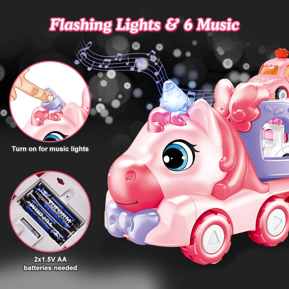Pink Carrier Truck Toy with 4 Mini Cars, Music & Lights, Battery Powered Pull-Back Transport Vehicle for Girls Boys Ages 3+