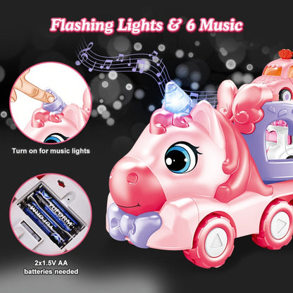 Pink Carrier Truck Toy with 4 Mini Cars, Music & Lights, Battery Powered Pull-Back Transport Vehicle for Girls Boys Ages 3+