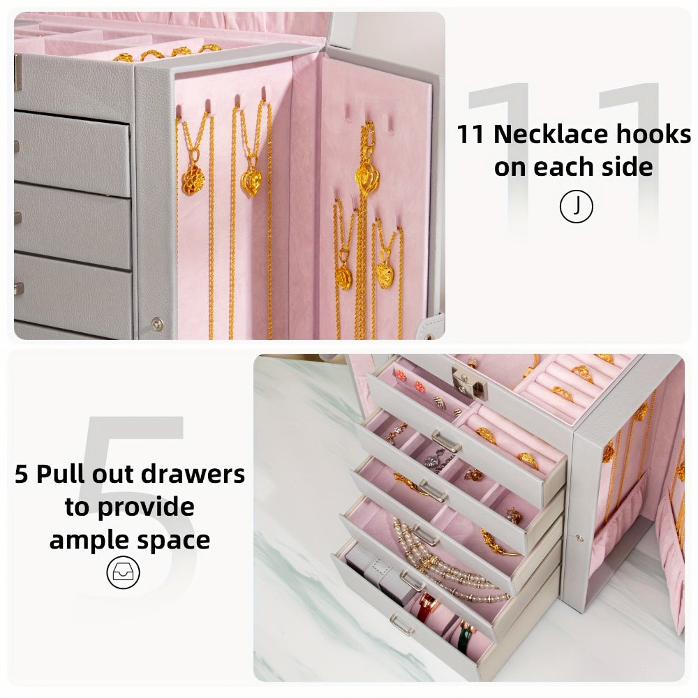 Jewelry Organizer 6-Tier Brown Storage Box with 5 Drawers, Built-In Mirror and Key-Lock Closure