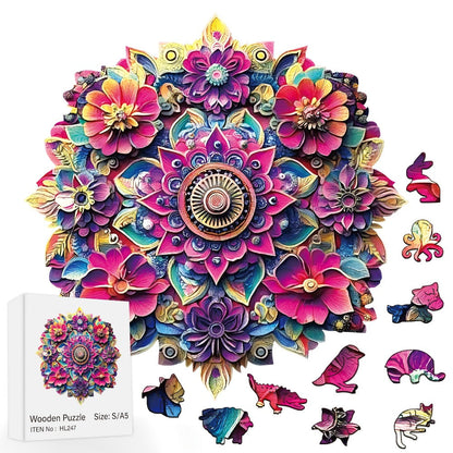 Floral Mandala Wooden Jigsaw Puzzle with Irregular Pieces and S, M and L Options from 5.31 to 11.02 Inches