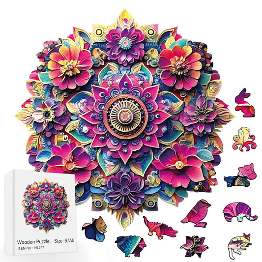 Floral Mandala Wooden Jigsaw Puzzle with Irregular Pieces and S, M and L Options from 5.31 to 11.02 Inches