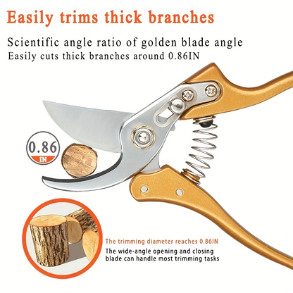 Bypass Pruning Shears with Curved Blade, Return Spring and Gold or Black Coated Handle Options