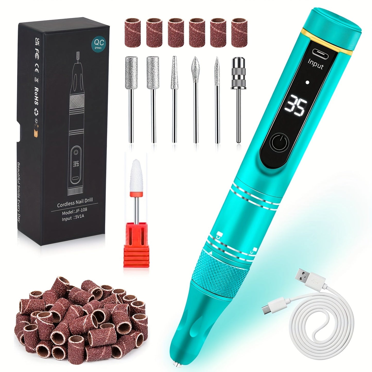 Electric Nail Drill 35000 RPM Rechargeable Pen with Digital Display, Forward Reverse and Three Colors