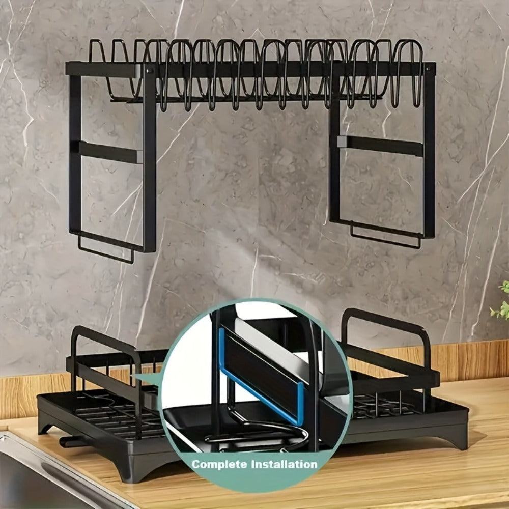Dish Drying Rack 2 Tier with Drainboard for Kitchen Counter Metal Dish Drainer with Utensil for Home Cooking, Dining and Outdoor Meals