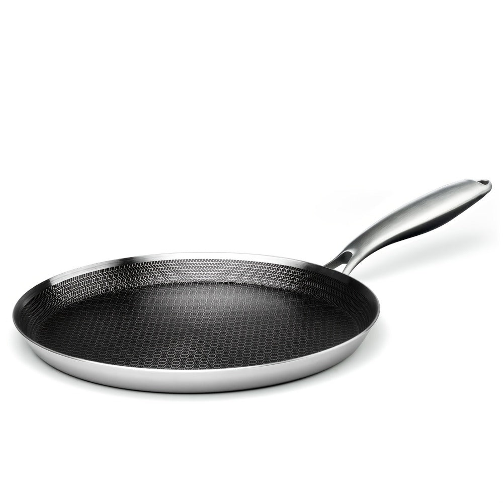 Stainless Steel Crepe Pan 11 Inch with Honeycomb Cooking Surface, Lid and Triple-Layer Base for Pancakes and Tortillas